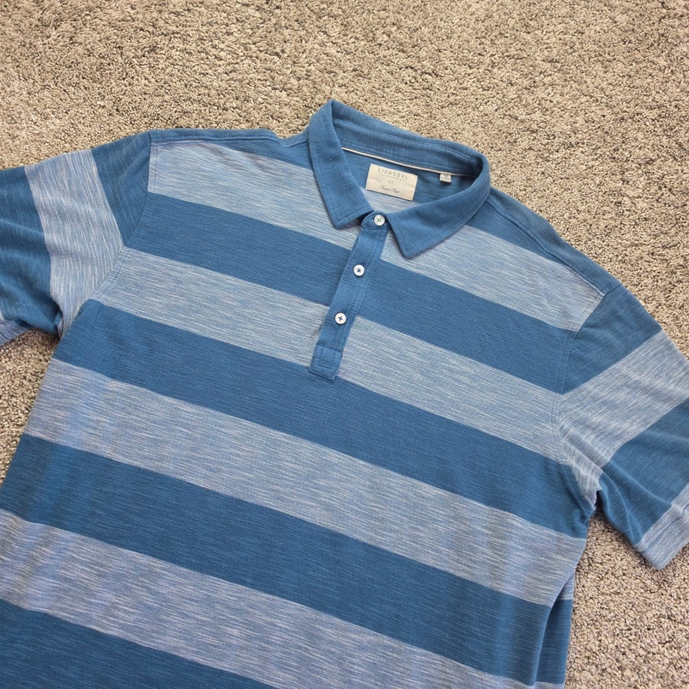 Linksoul Striped Polo Shirt Mens XL Blue Luxury Cotton Golf Shady Canyon Logo